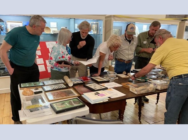 Left to right: Andrew Salchert and Sandy DiStefano examine the collection of Edson Bourn, while Marianne Stepanik, Jeff Zaino and Jim Wicks inspect the collection of Gary Nolf (yellow shirt).