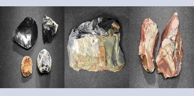 Samples from the Material Comparative Collection, left to right:  Oregon Obsidian; Green / Gray Normanskill Chert, Greene Co., NY; Munsungun Chert. Piscataquis Co., ME.