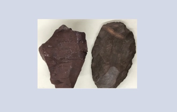 Left: FOSA raw material comparative collection - Arkose Sandstone sample from West Haven, CT.  Right: Biface specimen from Stratford CT, IAIS collection.
