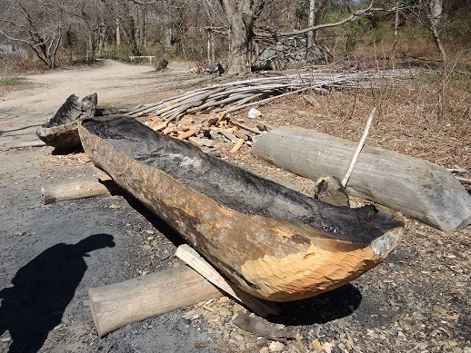 Large log with blackened, hollowed out interior.
